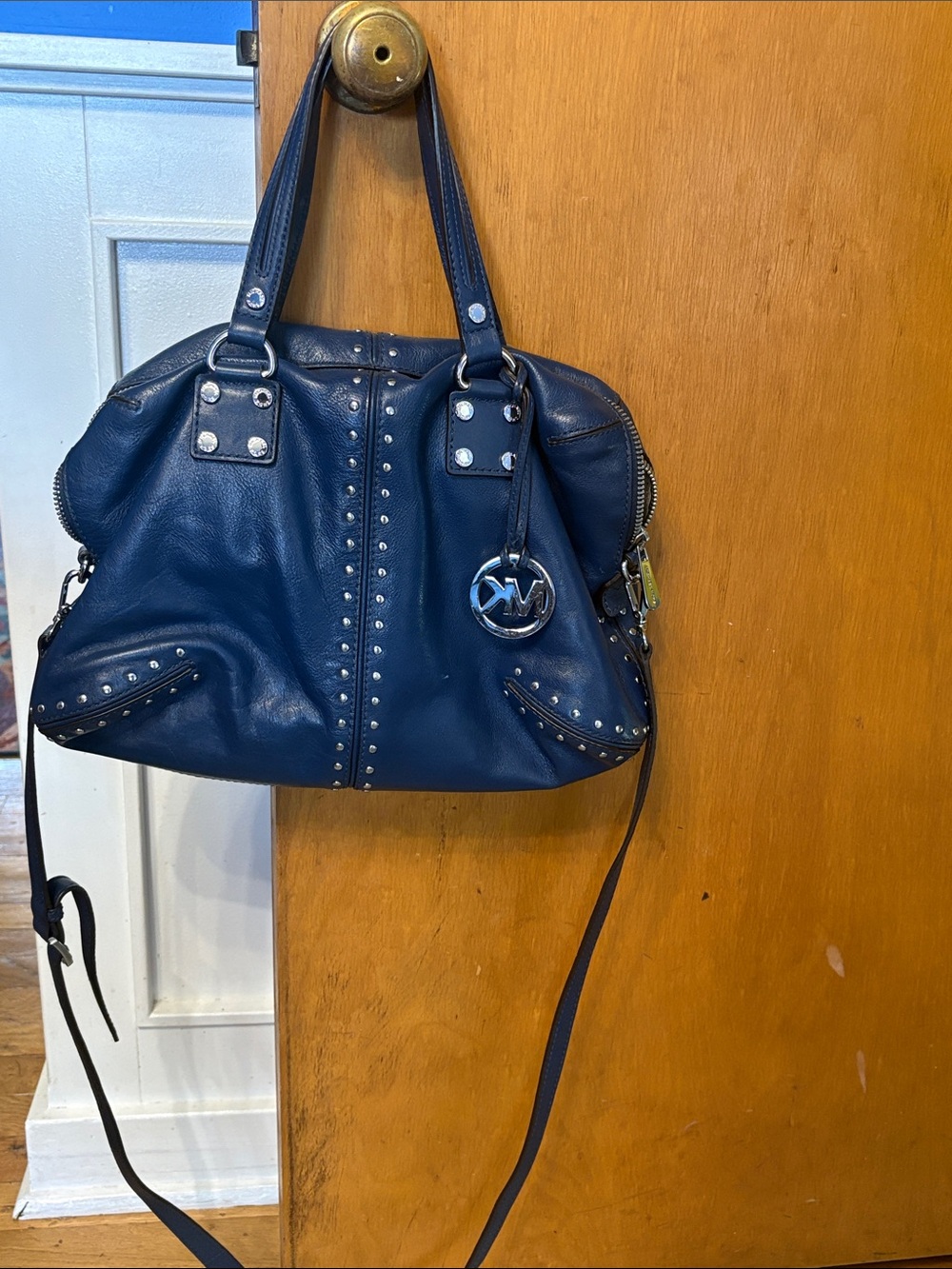 MICHAEL Michael Kors Navy Leather Studded Shoulder Bag with Logo Charm